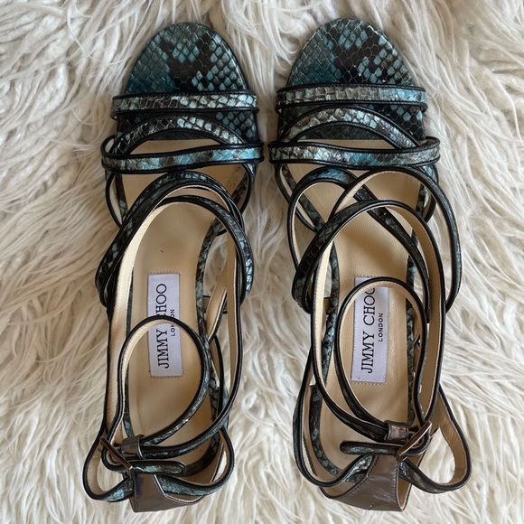 Jimmy Choo Vargo Strappy Snake-Embossed Leather Blue Teal Heeled Sandals Size 38 - Picture 3 of 10